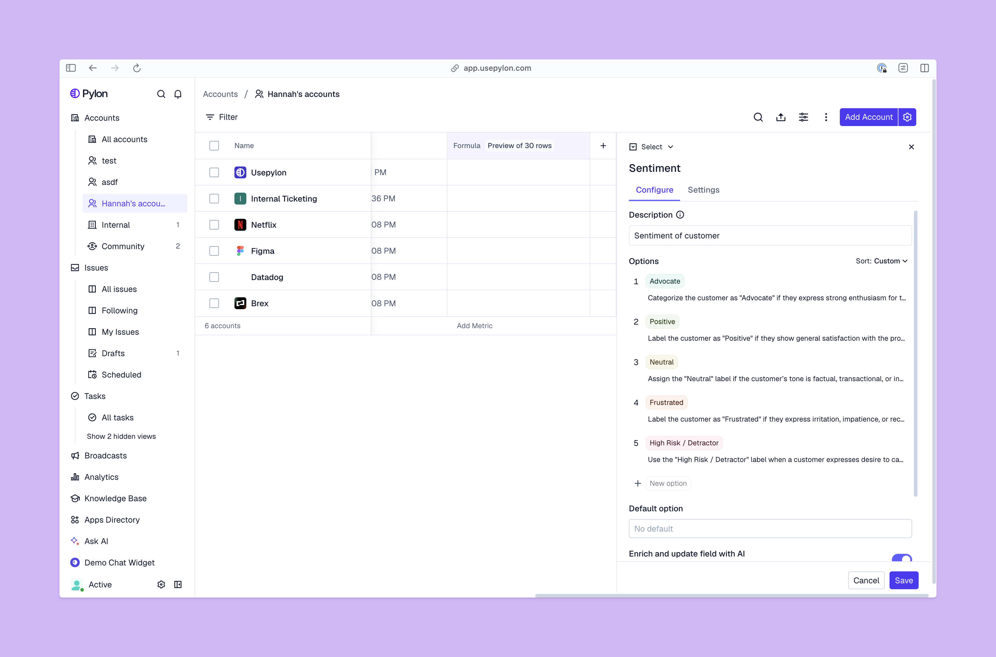 AI fields for customer sentiment analysis on Pylon