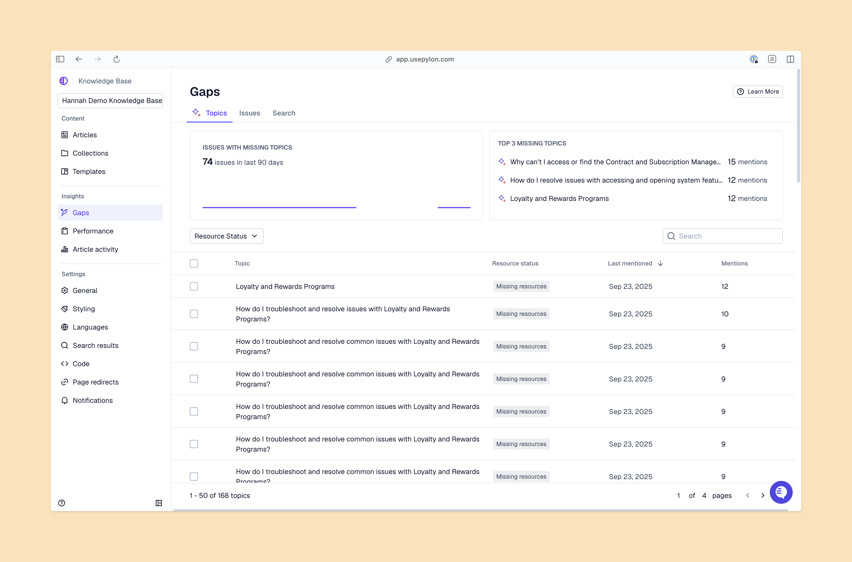 Knowledge gaps identified by Pylon’s AI Knowledge Management solution