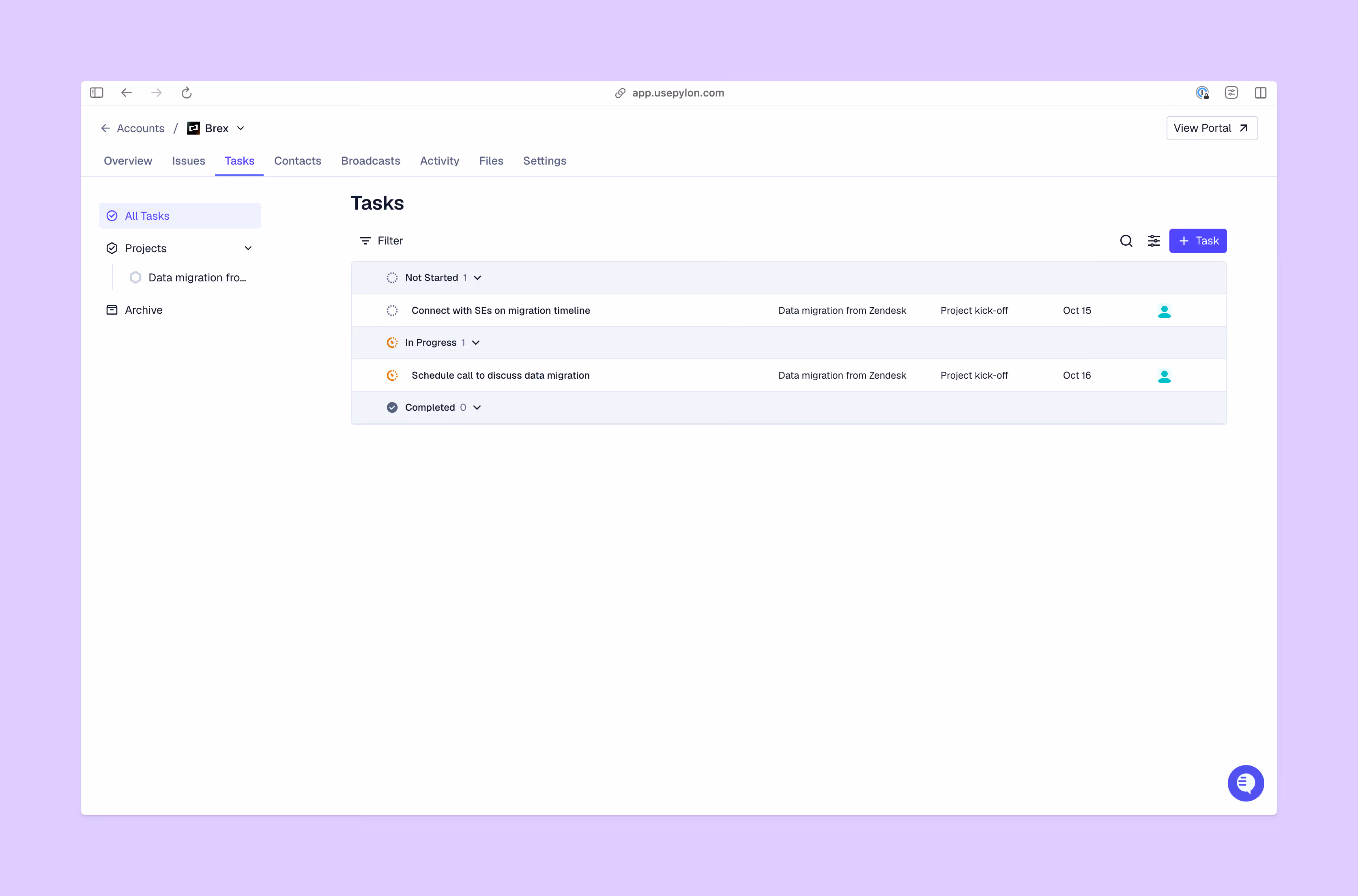 Task view in Pylon’s Account Intelligence