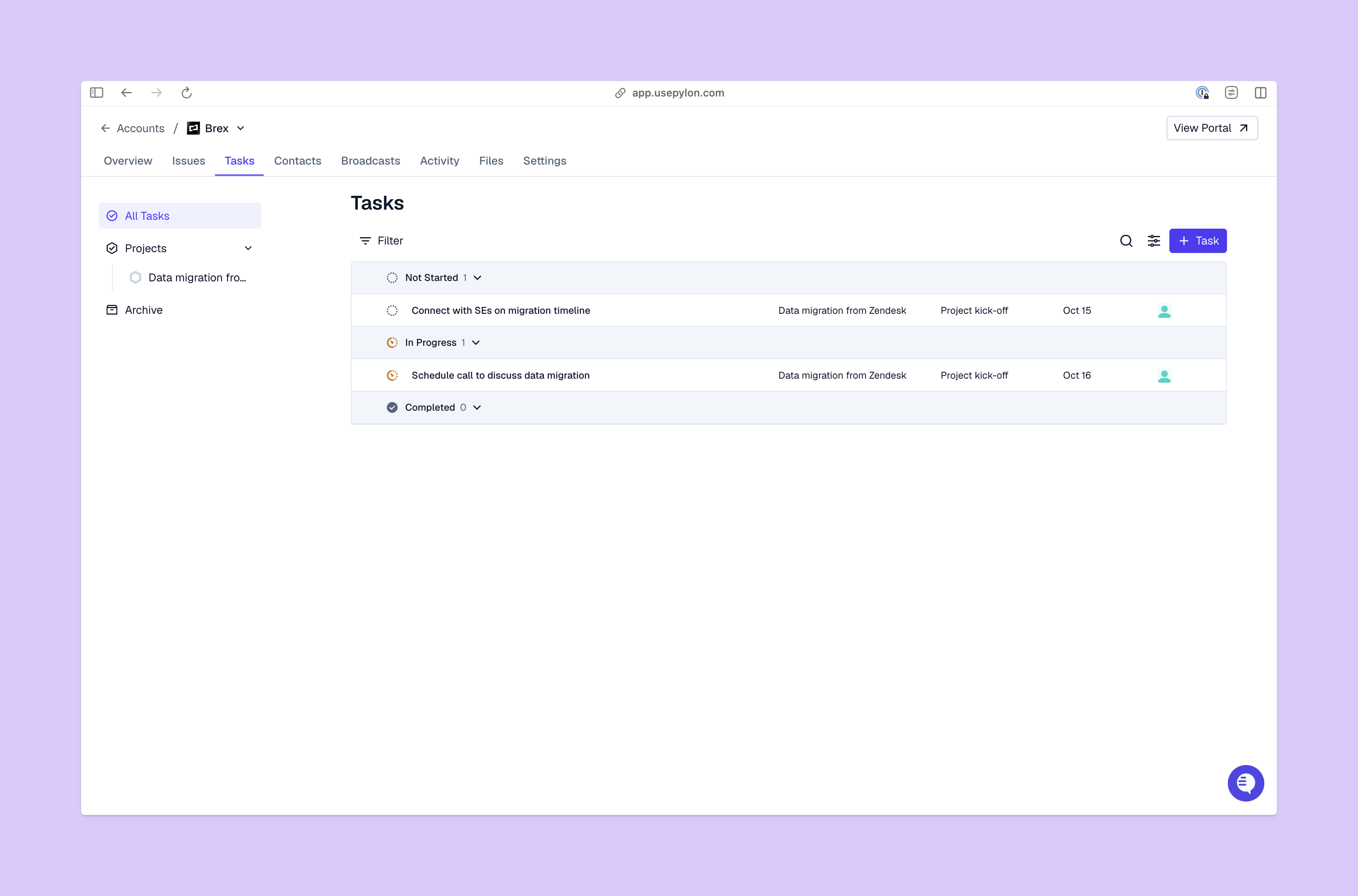 Tasks and projects view on Pylon