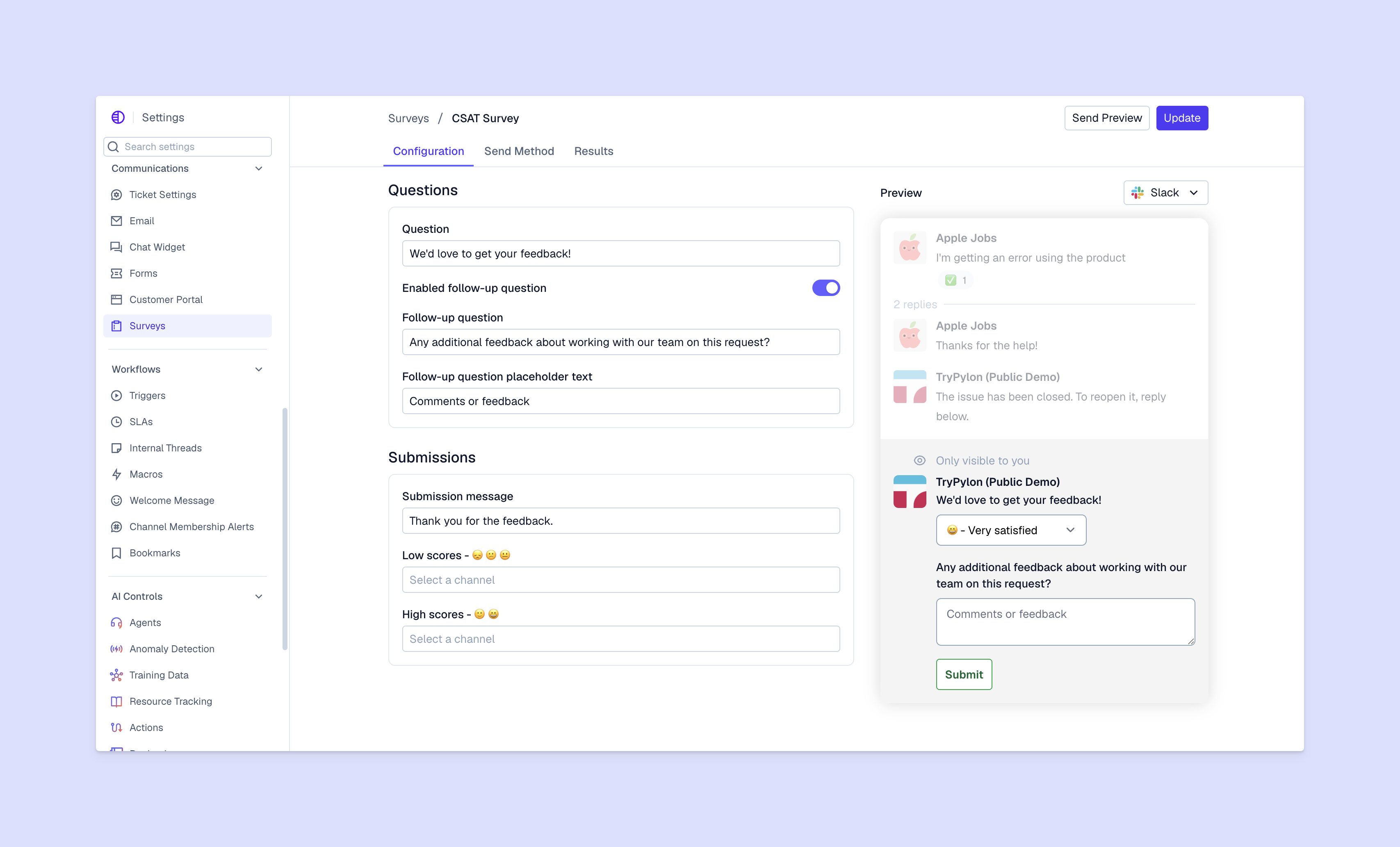 CSAT survey view on Pylon