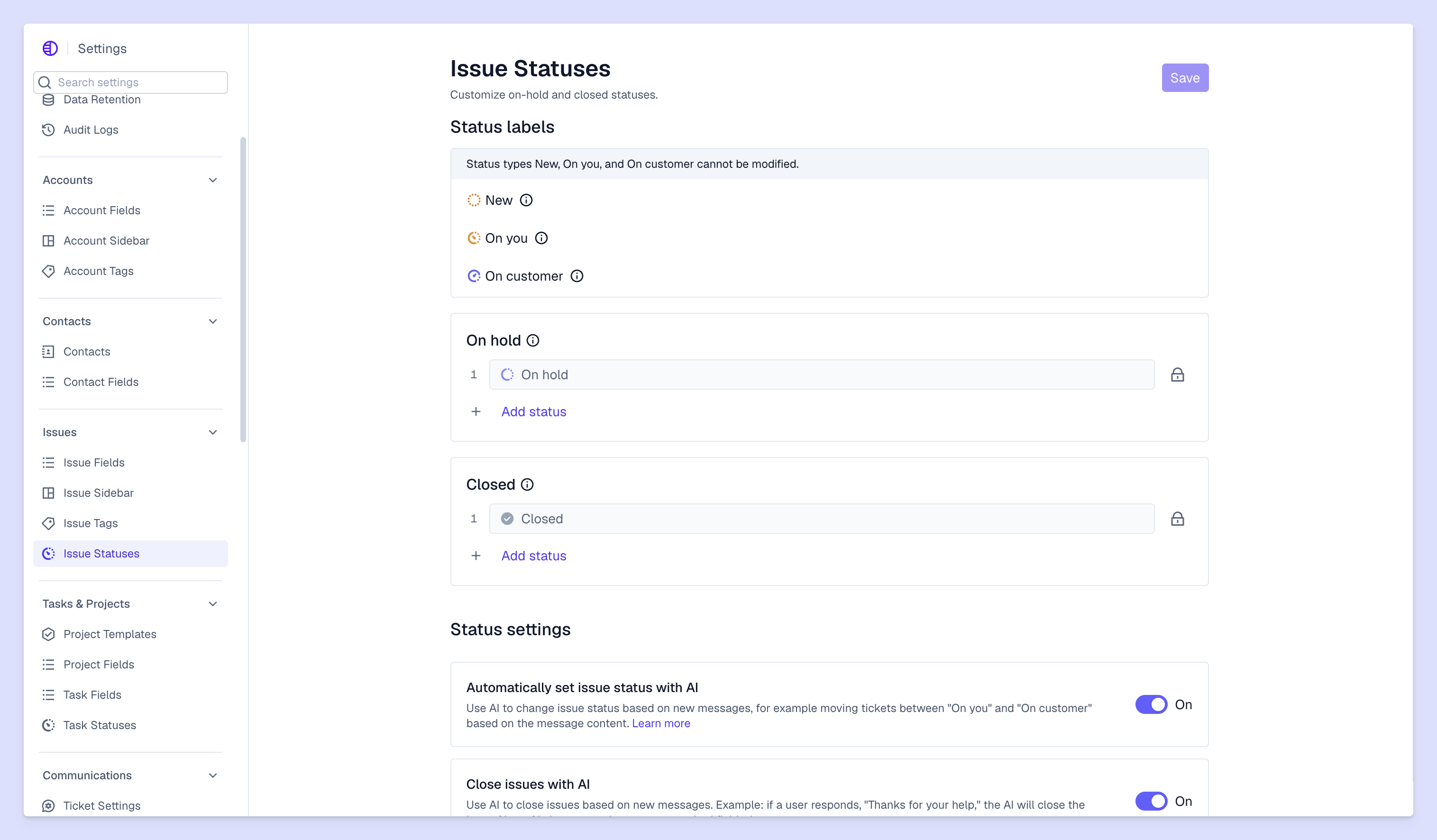 Setting issue statuses view in Pylon