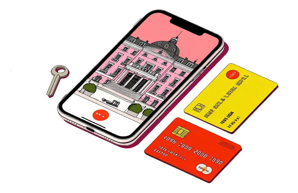 Application Staytrue affichant un hôtel haut de gamme sur smartphone avec paiement sécurisé.