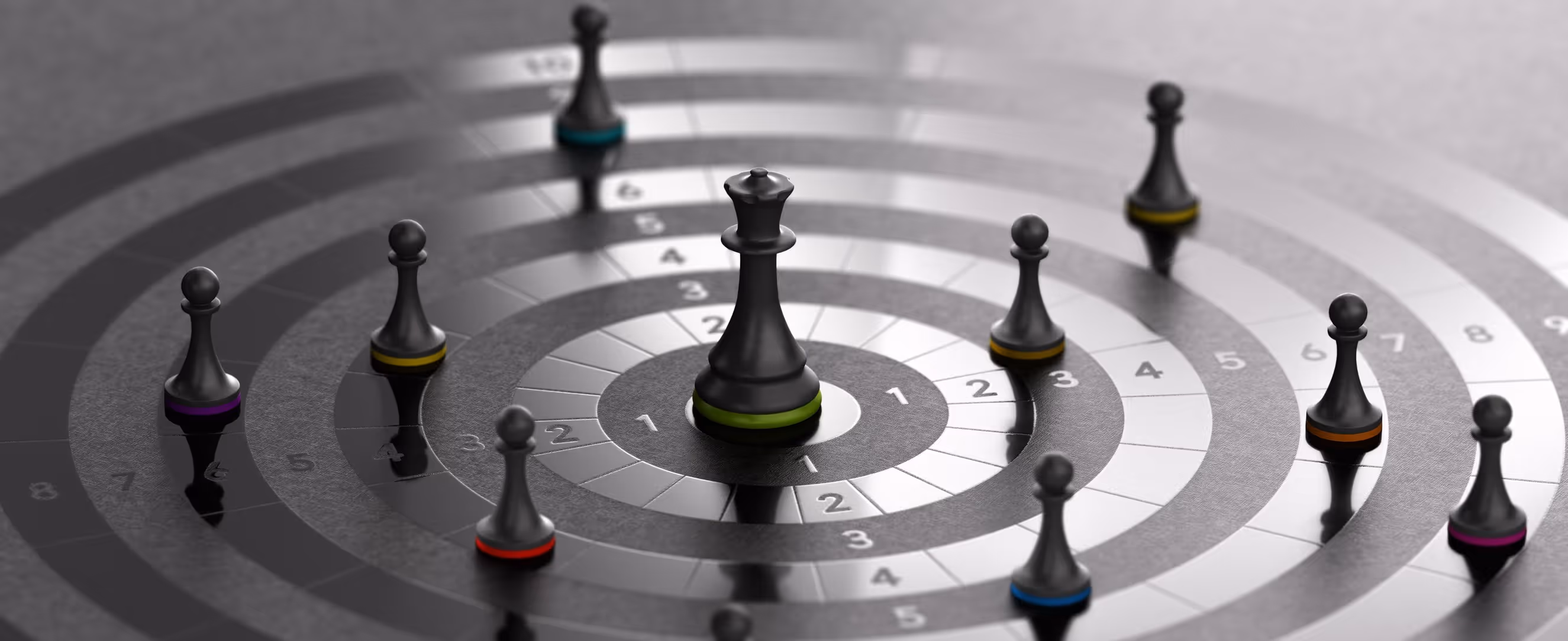 Chess pawns positioned on a dartboard target, symbolizing CRM strategy precision, business alignment, and common pitfalls in customer relationship management