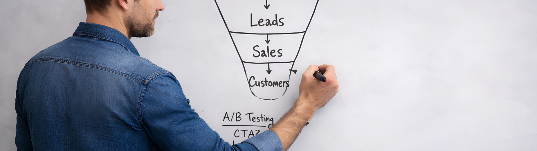 Marketing professional drawing a B2B conversion funnel on a whiteboard showing visitors, leads, sales, and customers stages with A/B testing notes