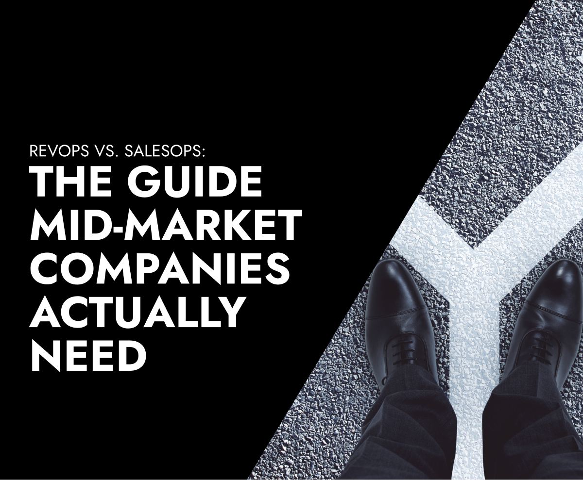 RevOps vs. SalesOps: The Guide Mid-Market Companies Actually Need, with shoes standing at a crossroads on pavement