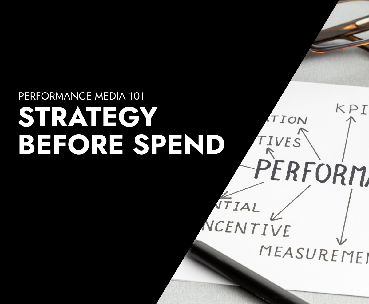 Hand-drawn performance marketing mind map beside the headline "Strategy Before Spend" — thumbnail for the Foes B2B performance media guide