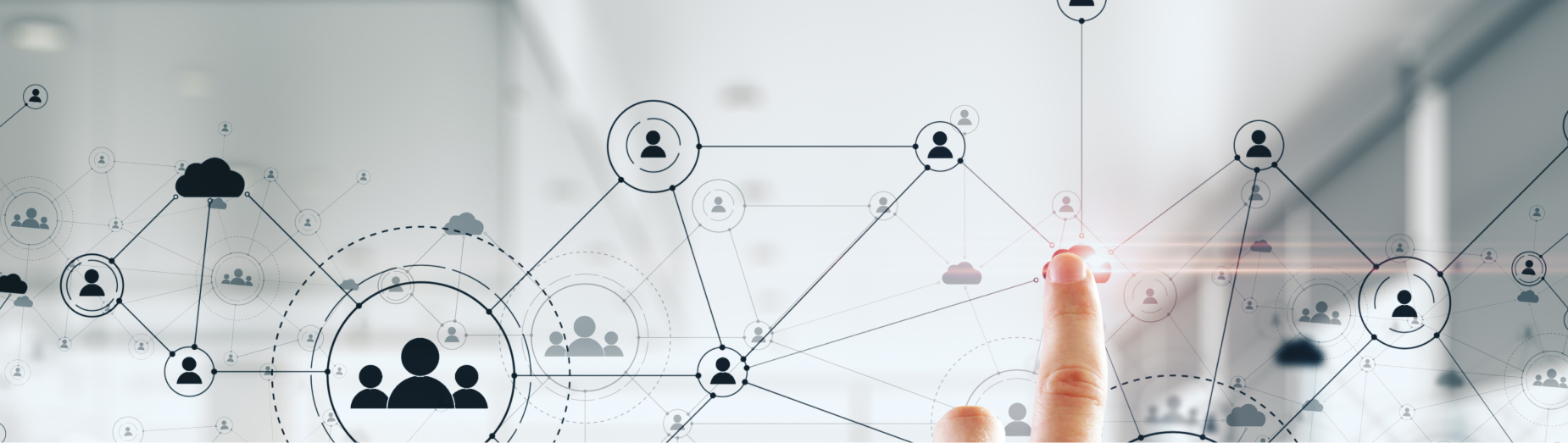 A hand pointing at a node in a network diagram of connected people and cloud icons, representing data integration and CRM as a central hub for business data management