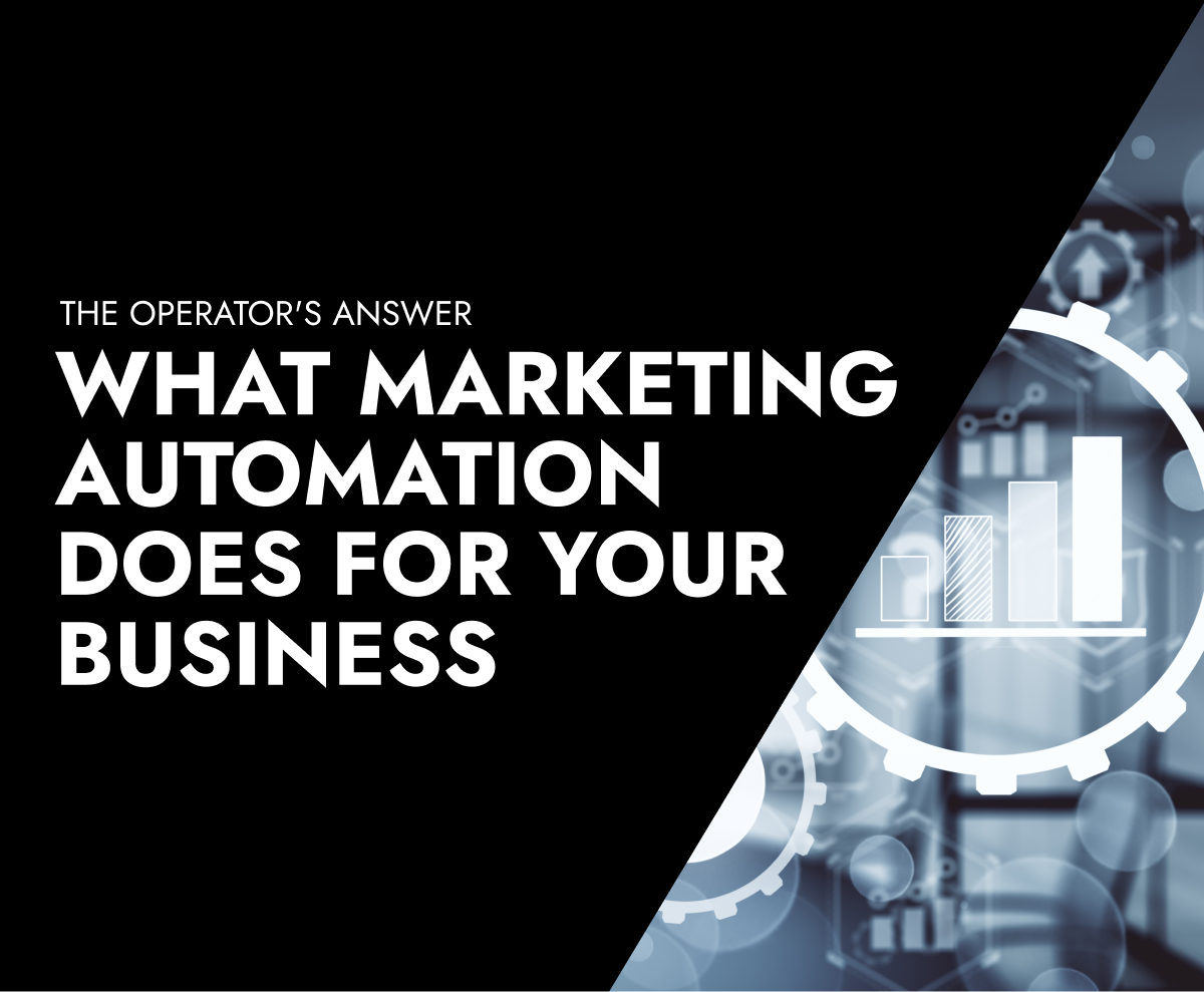 Marketing automation article thumbnail with bold white headline against a black and blue-tinted diagonal split design featuring gears and rising bar chart graphics