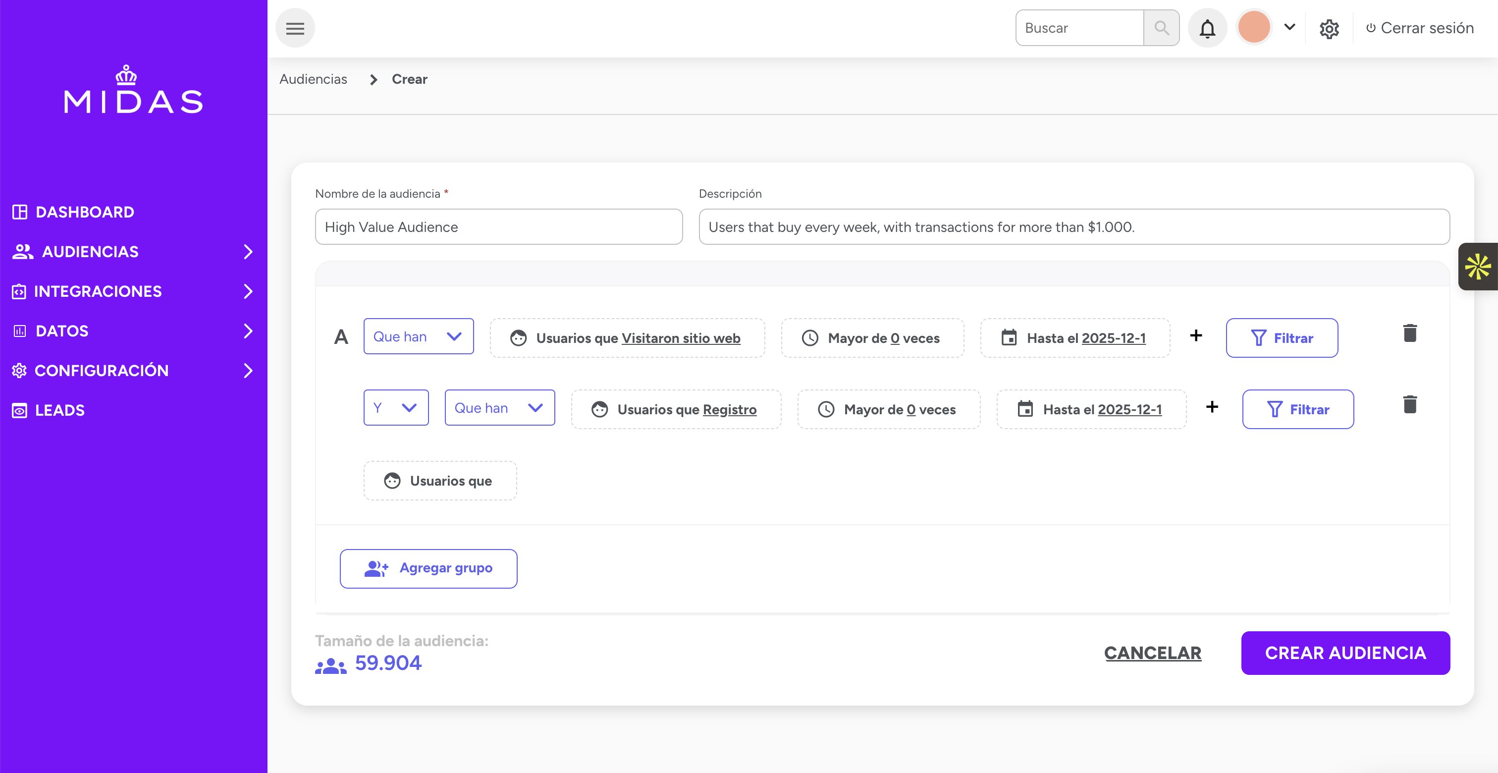 MIDAS CDP Audience Creation Screen