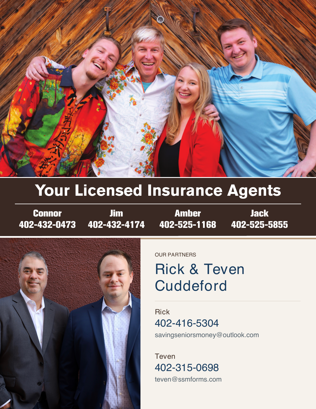 Saving Seniors Money seminar flyer featuring Connor, Jim, Amber, and Jack Schueth, and partners Rick and Teven Cuddeford. Contact details are listed below.