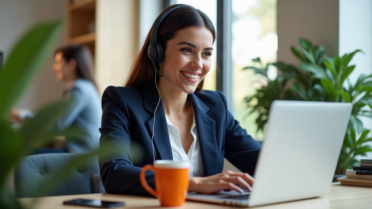 Agente de contact center con headset atendiendo chats de WhatsApp desde Talkdesk