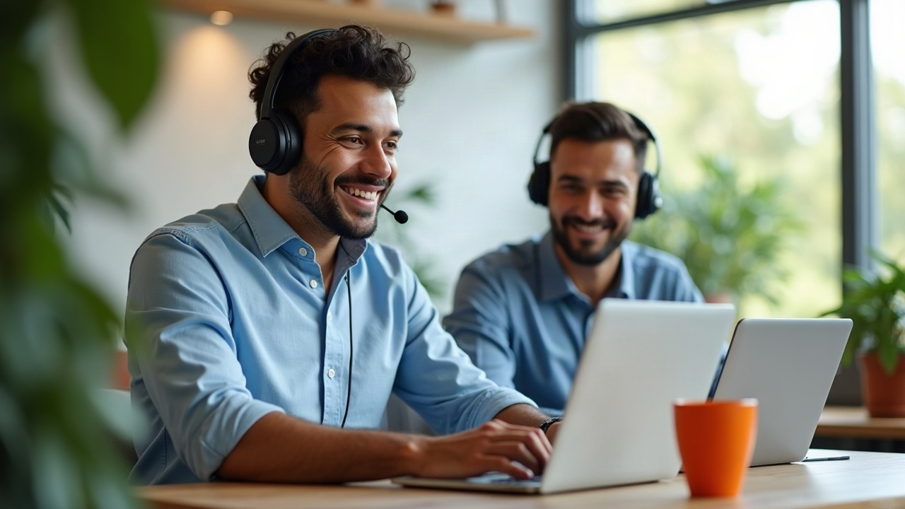 Asesor de contact center con diadema recibe una conversación de WhatsApp en su laptop
