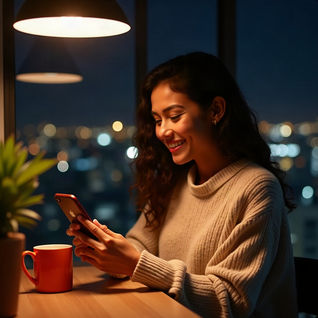 Clienta sonríe al recibir de noche una respuesta inmediata por WhatsApp