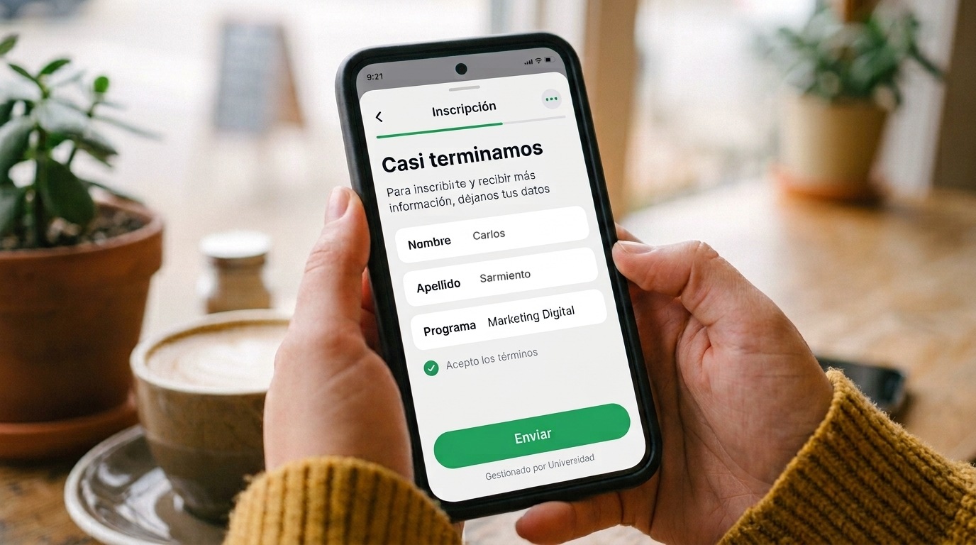 Manos sosteniendo un celular con un formulario de WhatsApp Flows abierto