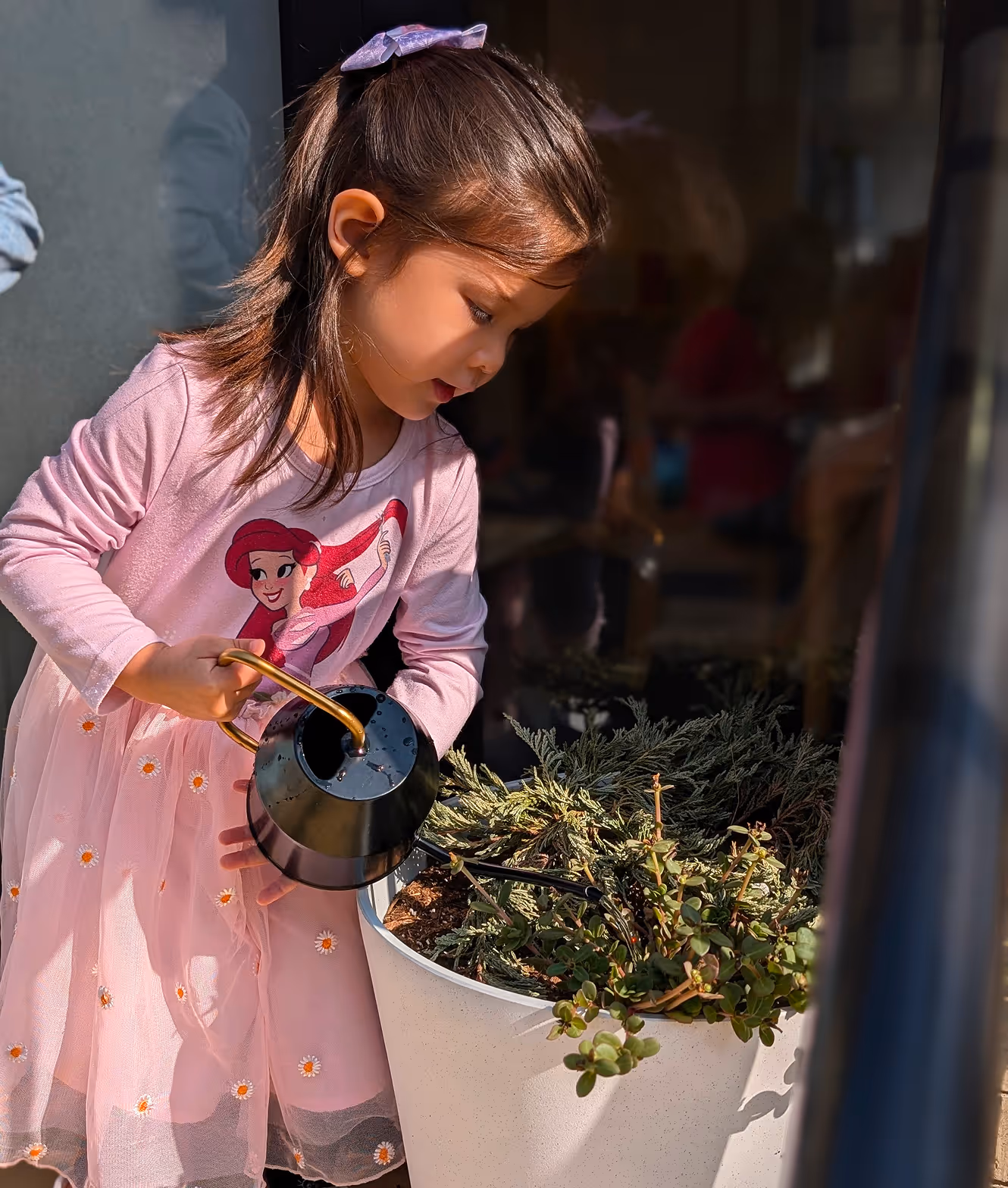 Young girl in a pink dress watering plants in a white pot with a black watering can.