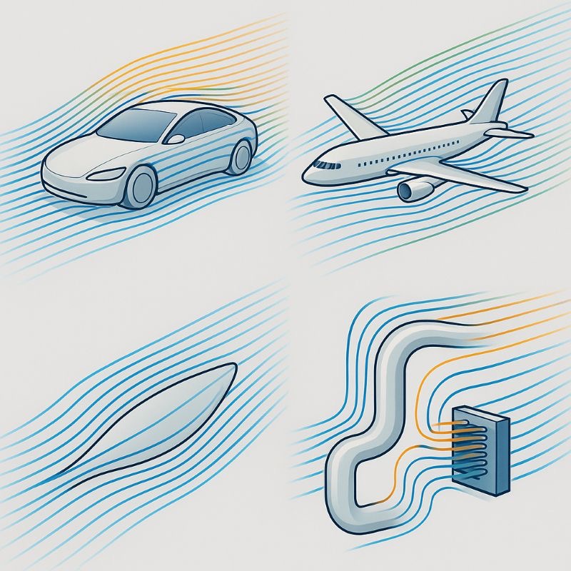 Illustrative Darstellung verschiedener CFD-Strömungssimulationen rund um Auto, Flugzeug, Schiffsrumpf und Rohrleitung mit farbigen Strömungslinien.