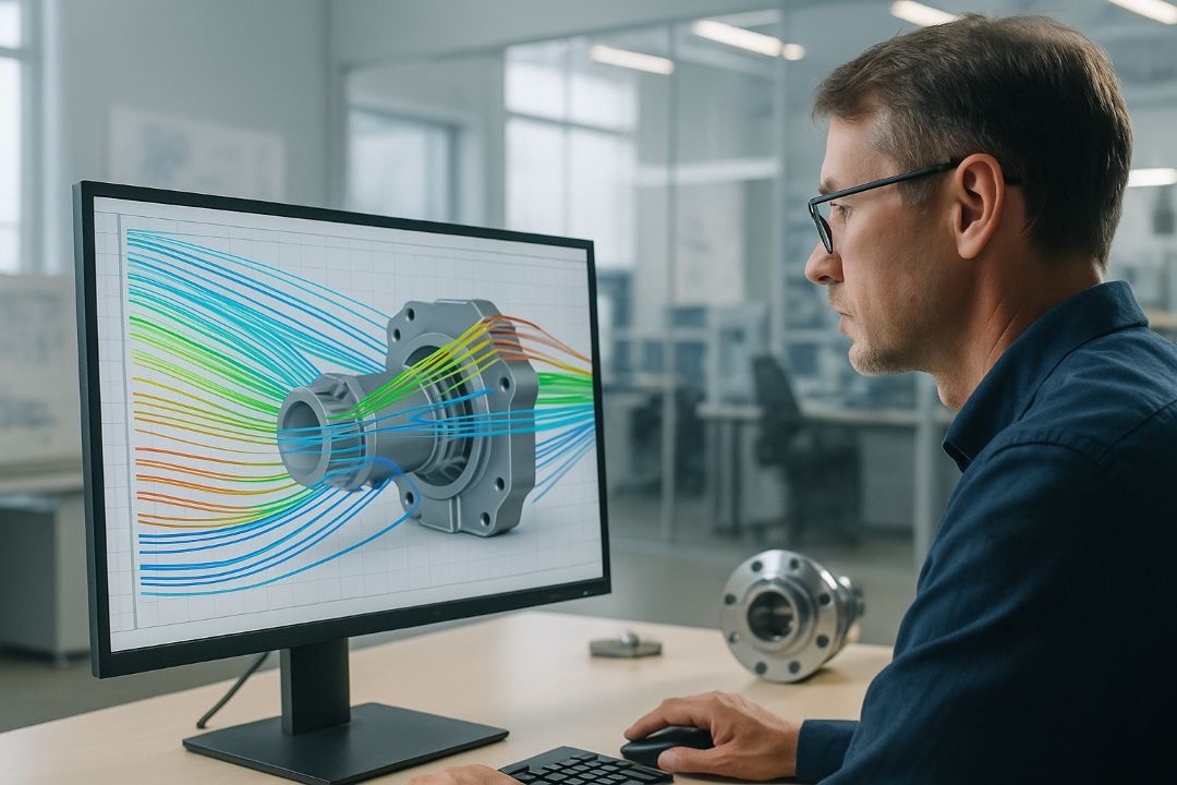 Ingenieur betrachtet eine CFD-Strömungssimulation eines technischen Bauteils auf einem Monitor mit farbigen Strömungslinien.
