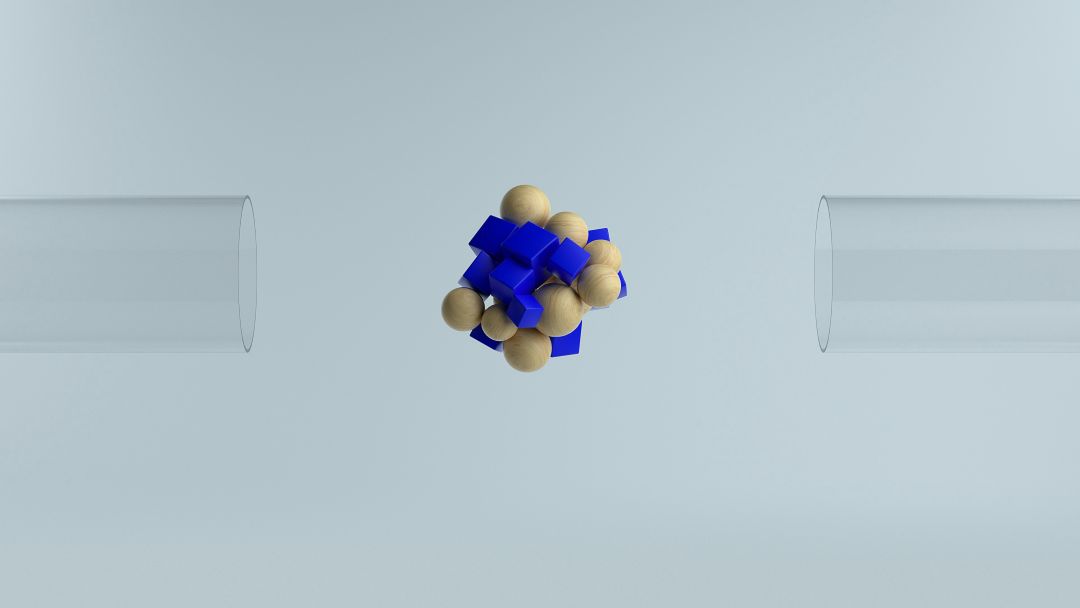 Abstract molecular model between two transparent tubes.
