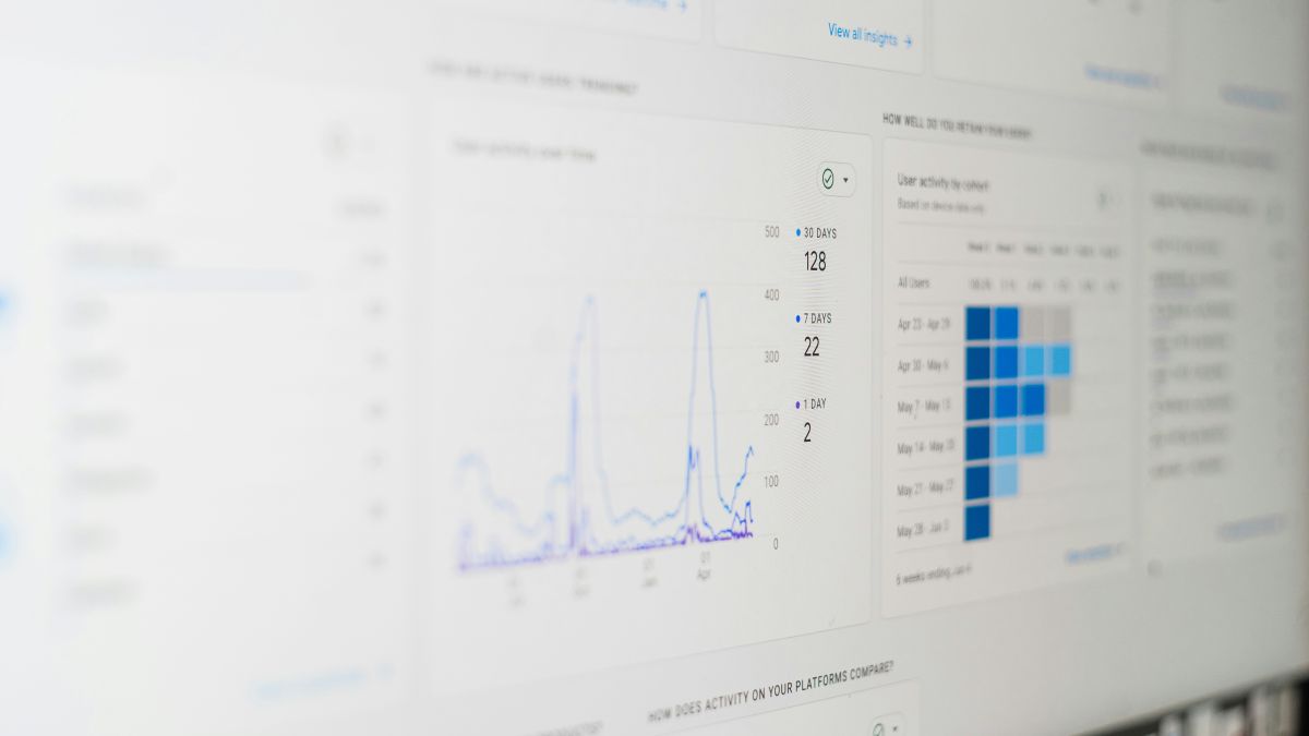 Analyse-Dashboard mit Diagrammen und Nutzerstatistiken auf Bildschirm.