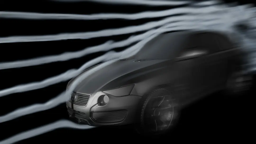 Car in a wind tunnel with visible airflow lines on a black background.