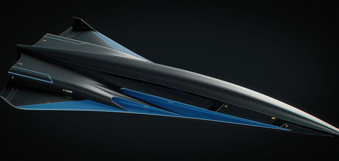 Futuristic black high-speed aircraft with a sleek, aerodynamic design on a dark background.