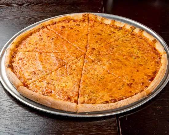 A pizza with cheese and tomato sauce on a wooden table.