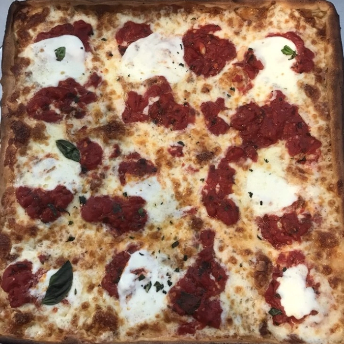 A pizza with white cheese and red sauce.