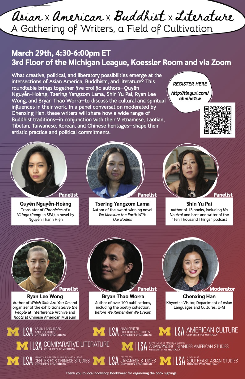 Poster on a purple background with QR code advertising Asian x American x Buddhist x Literature event with headshots and short bios of six panelists.