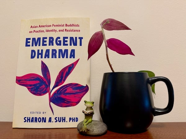 A book rests with its cover facing outward on a wood surface against a white wall. The book cover has an image of a plant with four leaves in magenta and navy blue and text in the same colors. The text reads: “Emergent Dharma: Asian American Feminist Buddhists on Practice, Identity, and Resistance, Edited by Sharon A. Suh, PhD.” To the right of the book is a small figurine of a green frog sitting on a gray rock reading an open book. To the right of the frog is a black mug with two small plants growing out of it. One plant resembles the plant on the book cover; it has three magenta-colored leaves and a new bud of a leaf growing from the stem. The other plant is a single green leaf.