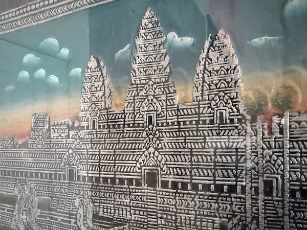 Detail of a painted image of Angkor Wat in Cambodia