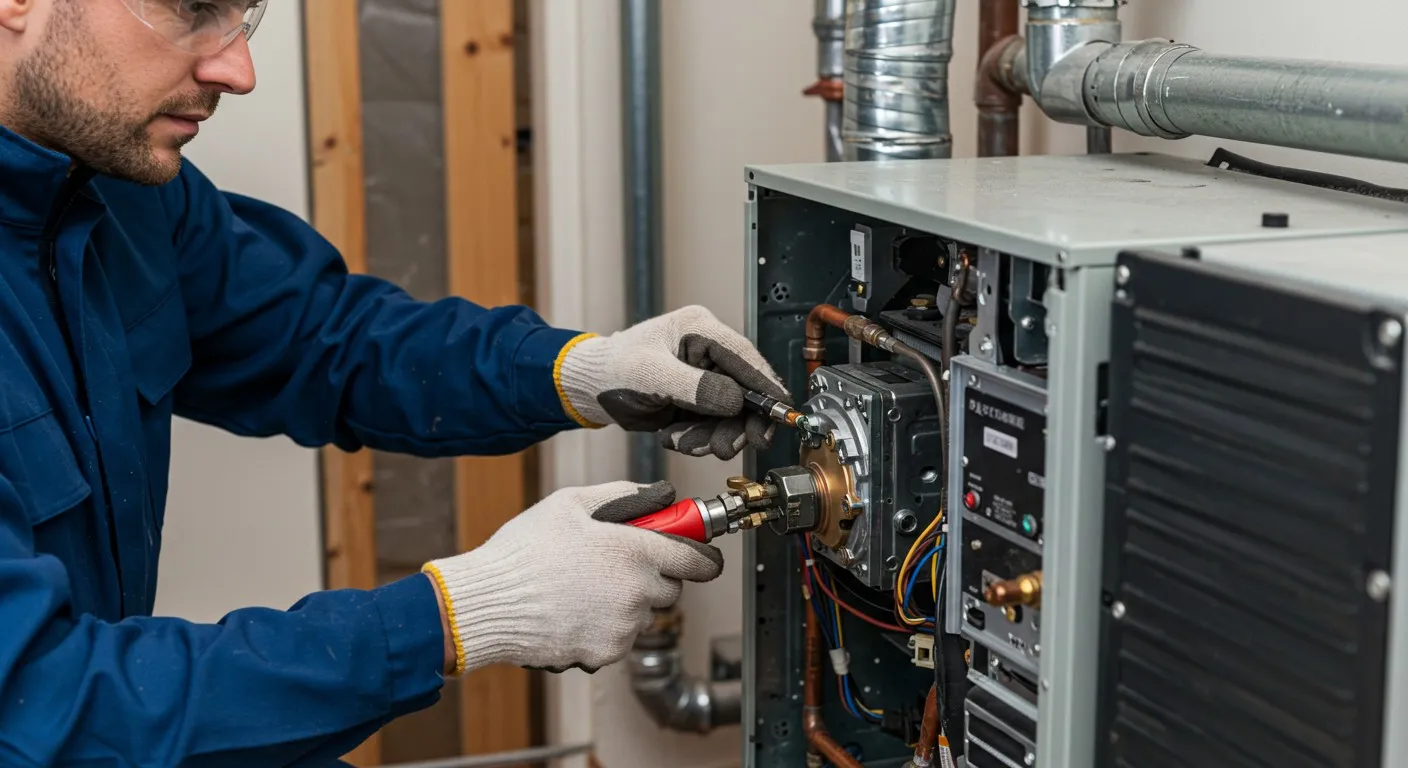 A repairman wearing safety glasses and work gloves is using a wrench to service the internal parts of a heating system or furnace.