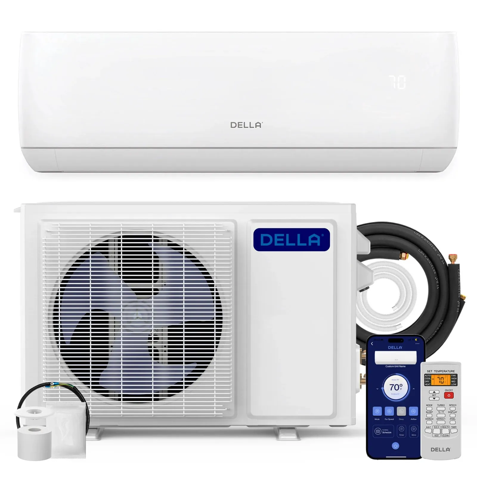 A complete ductless mini-split system is shown with an indoor unit, an outdoor compressor, a remote control, and a smartphone app display.