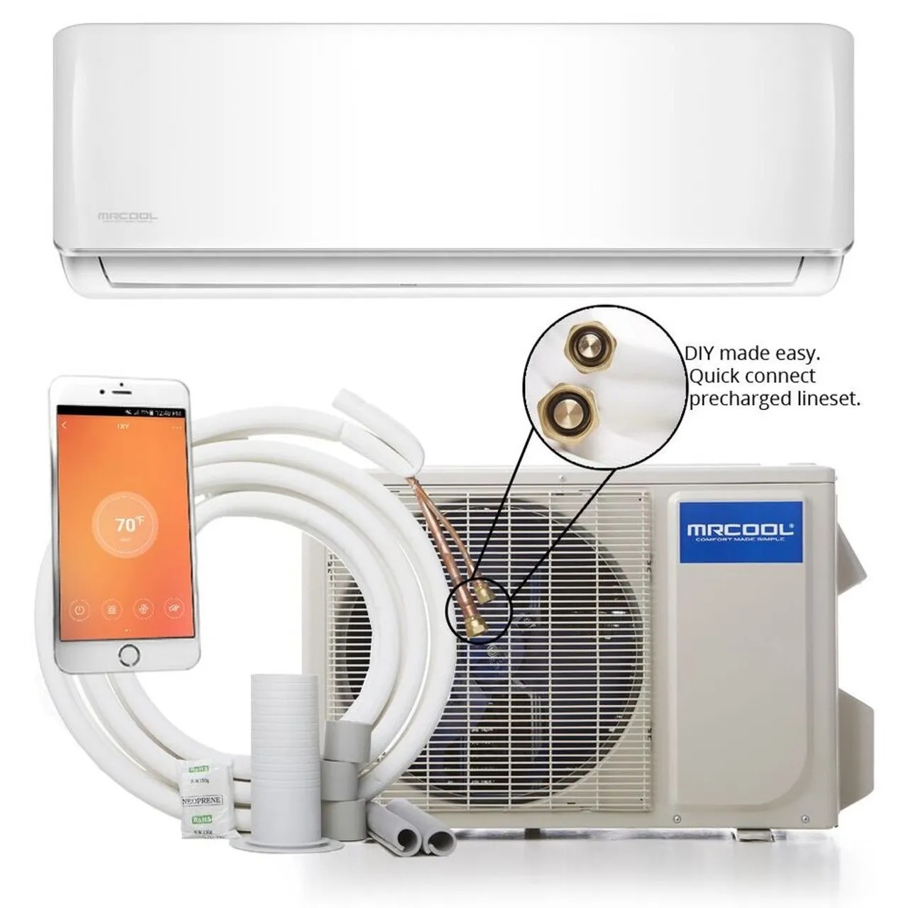 A DIY MRCOOL ductless mini-split system is shown with an indoor unit, outdoor compressor, coiled lineset, and a smartphone displaying a temperature control app.
