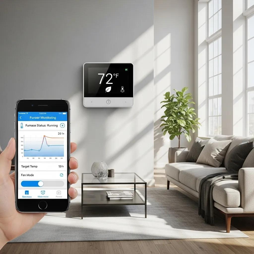 Smart thermostat paired with a phone app for real‑time furnace monitoring