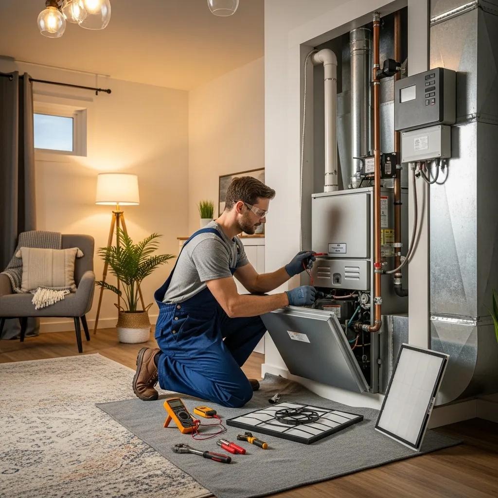 South Sound technician performing a seasonal furnace tune-up in a comfortable home