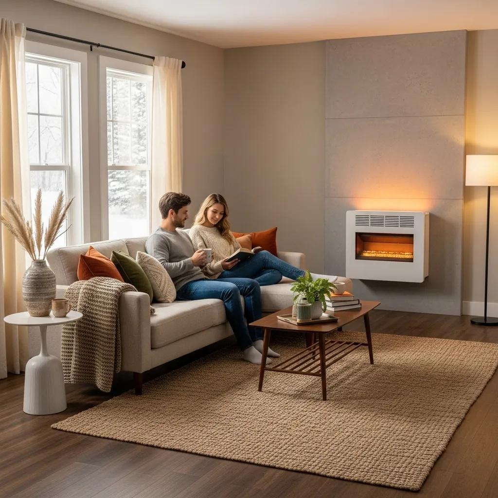 Modern furnace installation in a cozy living room highlighting energy efficiency and comfort