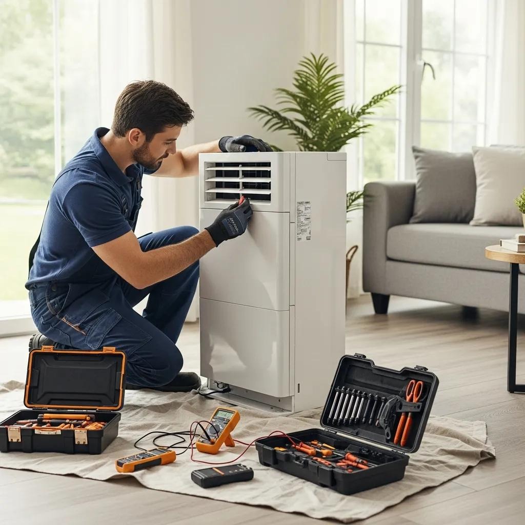 Technician repairing a ductless mini-split system in a modern home, showcasing HVAC efficiency