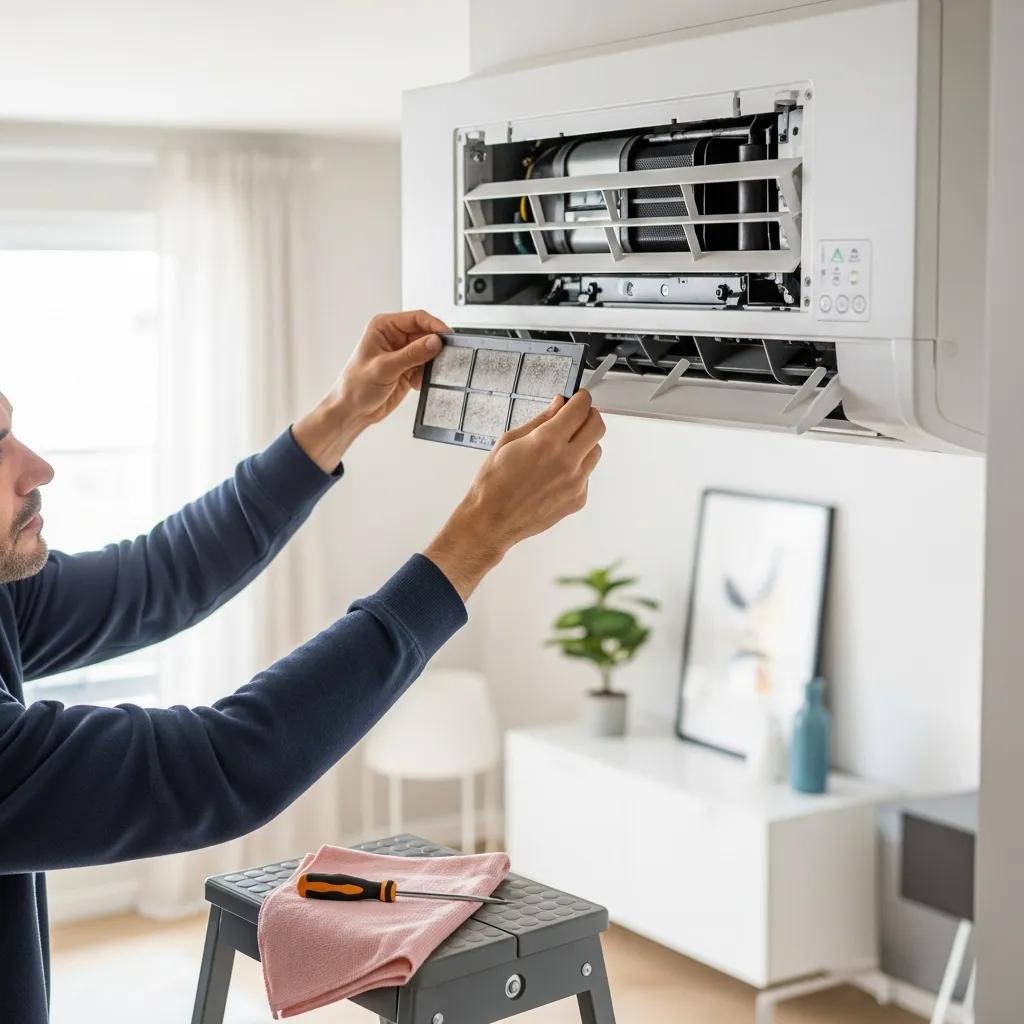 Homeowner inspecting a ductless mini-split system for troubleshooting, highlighting maintenance importance