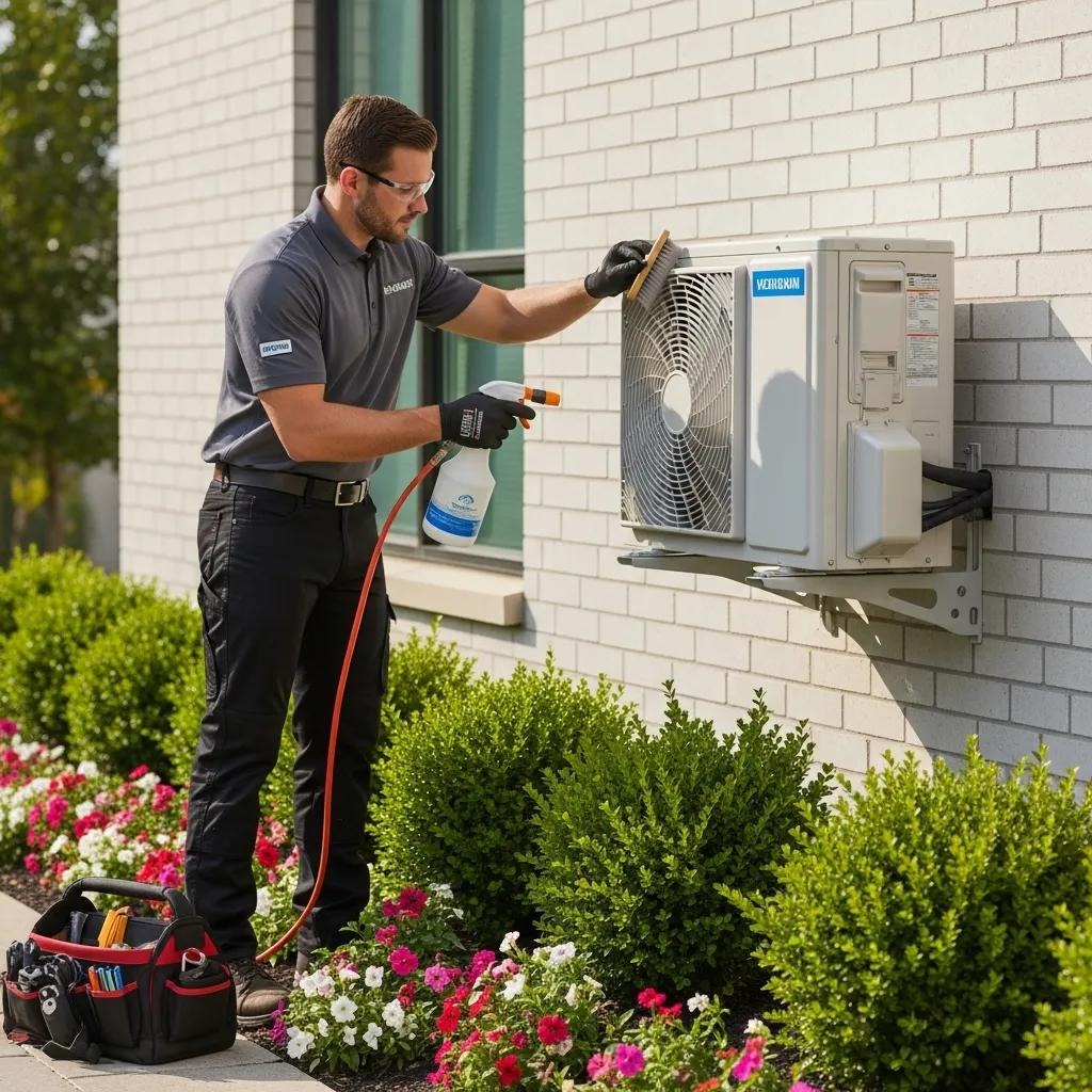 Technician performing maintenance on a ductless HVAC system outdoors, emphasizing regular upkeep for efficiency