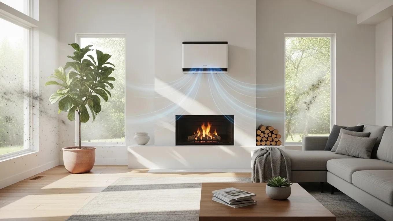 Whole-home air purifier in a bright living room enhancing indoor air quality