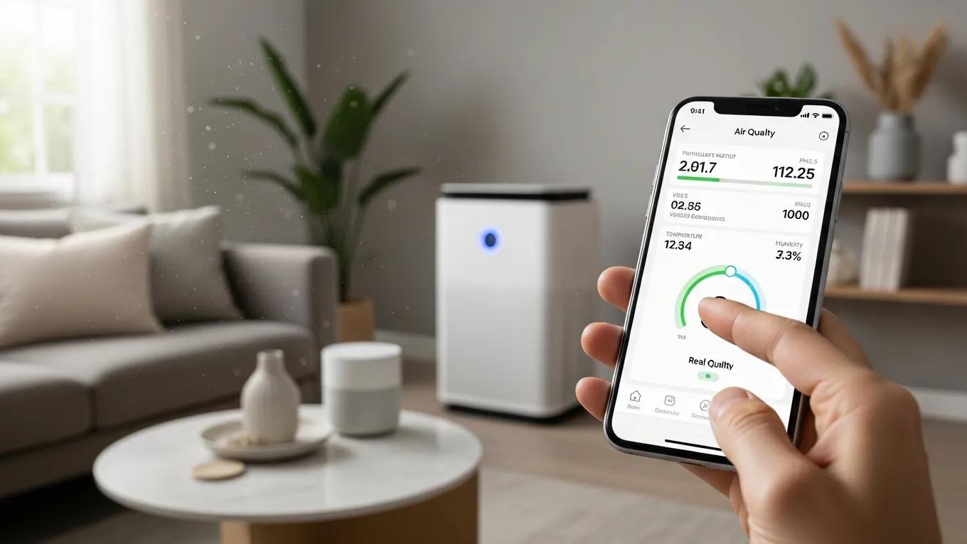 User controlling whole-home air purifier through a smartphone app in a modern home