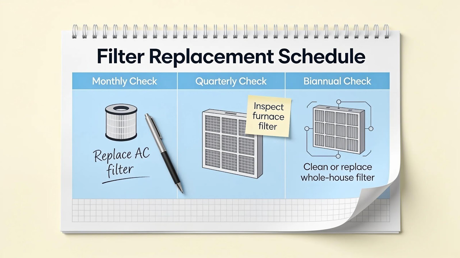 Calendar showcasing an organized HVAC filter replacement schedule with reminders for timely maintenance in a home environment.