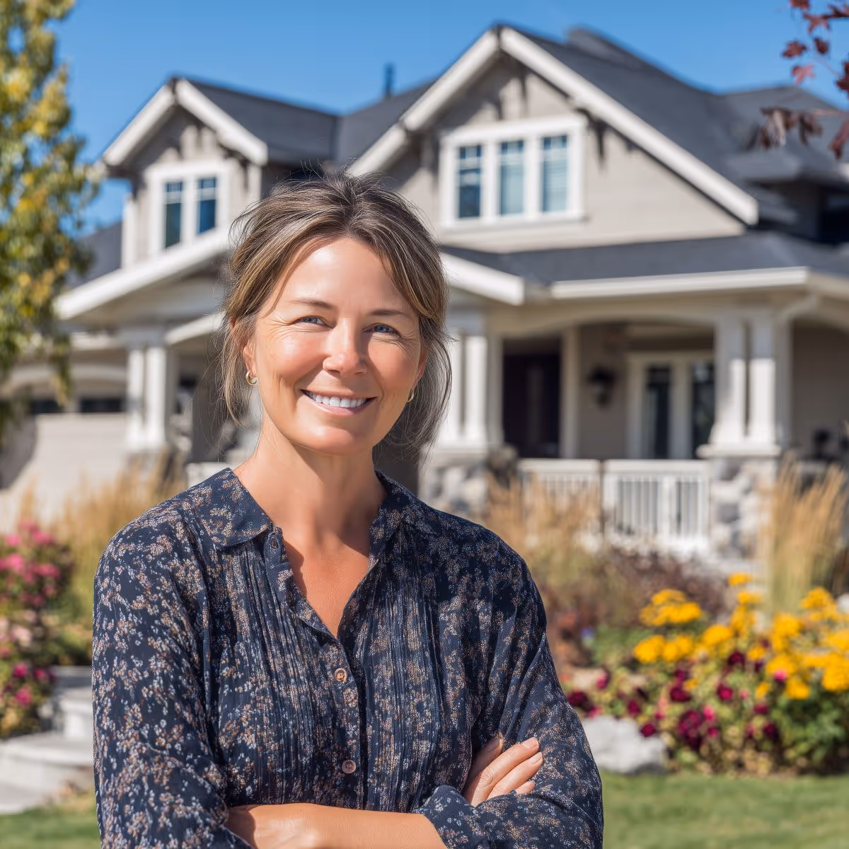 This image of a smiling, confident homeowner standing in front of her house represents the peace of mind and financial flexibility that a residential sale-leaseback can provide. Unlock your home's equity and continue to live in the place you love.