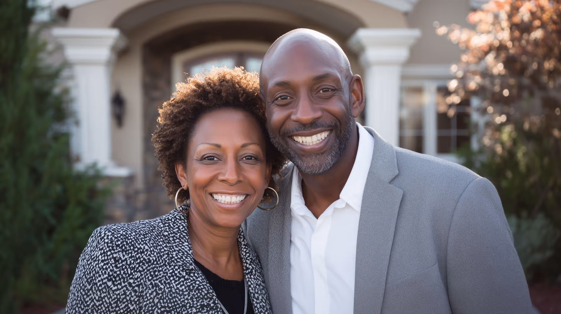 A smiling middle-aged Black couple standing in front of their home, representing happy and confident homeowners.