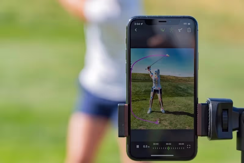 Tripod in use on the course to capture a golfer's swing