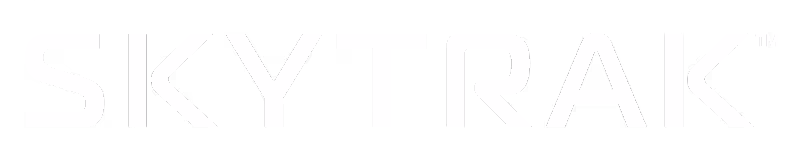 SKYTRAK logo in white script text 