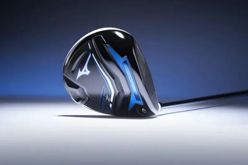 Side view of clubhead showcasing the clubface and the bottom of the shafts, set against a light background and blue accents.