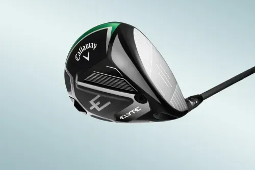 Close-up view of the Callaway Elyte driver head showcasing its design with a light sky background. 