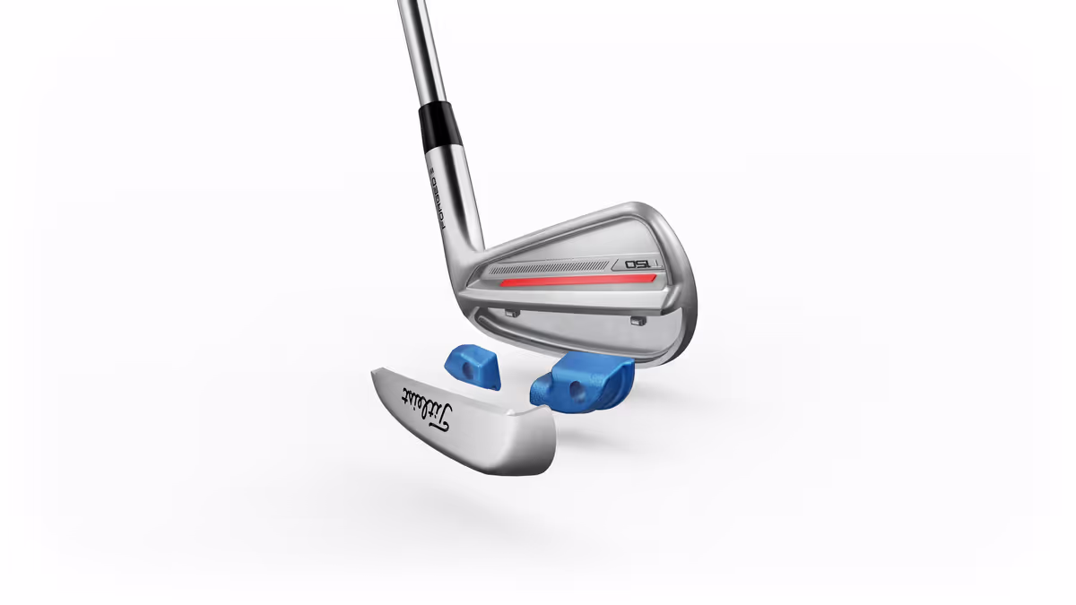 Exploded view of the Titleist T150 irons highlighting their construction and design features. 